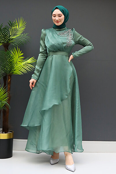 Giza Giyim Taşlı Organze Abiye Soft Yeşil