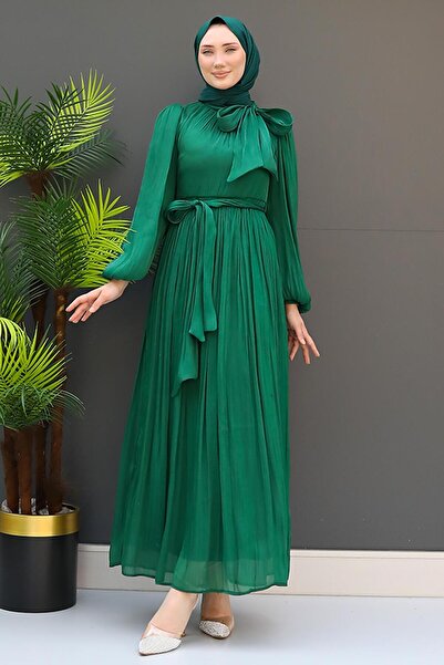 GİZ AGİYİM Σμαραγδένιο Μεταξωτό Φόρεμα - Δεμένος Γιακάς