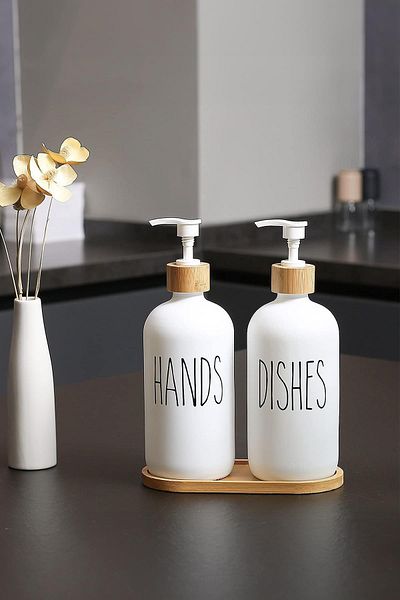 EWs White Set of 2 Bamboo Six Liquid Soap Dispensers