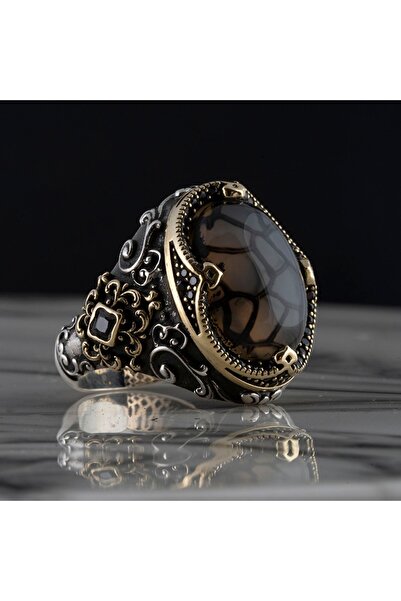 RevSilver 925 Ayar Şık Tasarımlı Akik Taşlı Gümüş Erkek Yüzük