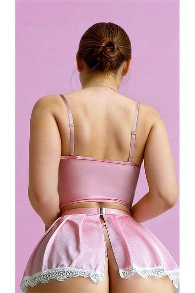 Burcumay Costum roz Fancy Maid pentru femei cu fustă Set cămașă de noapte sexy