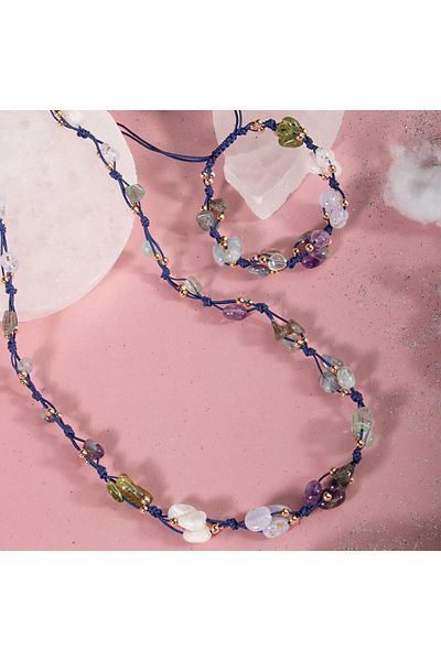 OSMANLI DOĞAL TAŞ Aquarius Zodiac Necklace Bracelet Set Aquamarine, Amethyst, Moon Stone, Chalcedony, Labradorite, Purple Fluorite, Jade