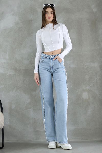 Trendyol Collection Kék bojtos magas derekú egyenes farmer TWOSS25JE00139