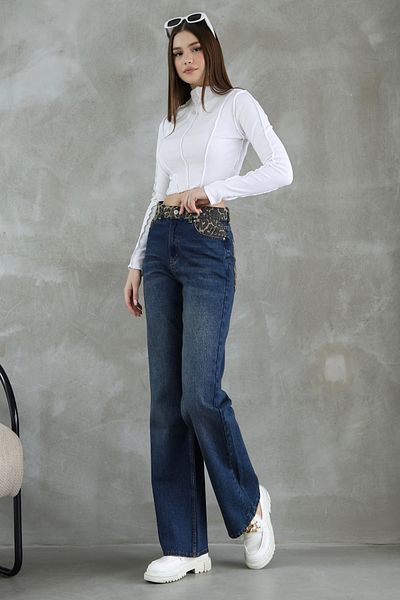 Trendyol Collection Sötétkék leopárd zseb részletes magas derekú egyenes farmer TWOSS25JE00142