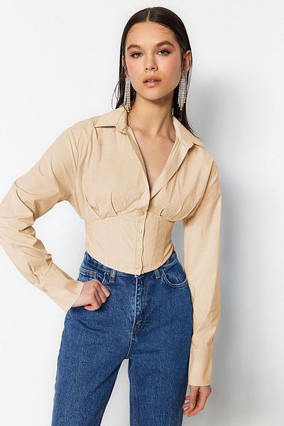 Trendyol Collection Stone Crop bélelt fűző részletes poplin ing TPRAW23GO00004