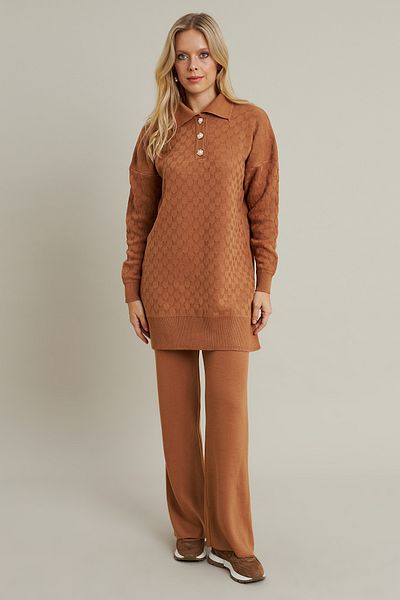 Cool & Modest Women's Camel Pearl Button Knitwear Bottom Top Suit Mnuv33