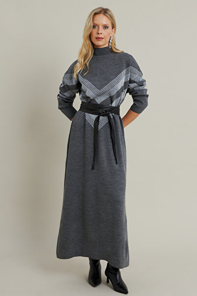 Cool & Modest Kadın Gri Simli Maxi Triko Elbise MTC3215