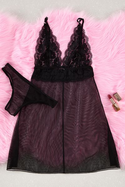 Edit by Trendyol Schwarzes Spitzen-Strumpfhosen-Babydoll mit Seilträgern – Tüll-Detail TEDSS25LL00000