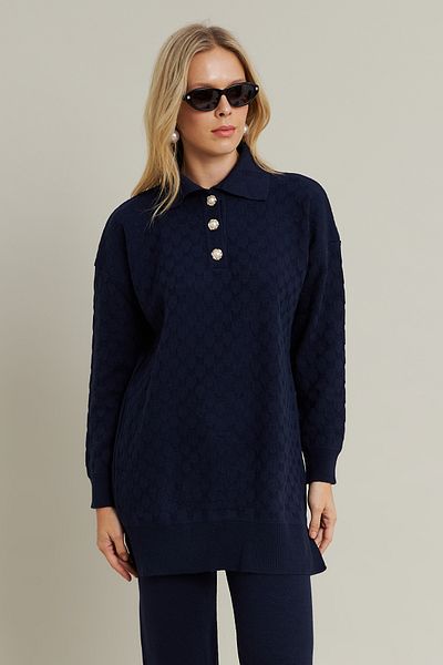 Cool & Modest Women's Navy Blue Pearl Button Knitwear Bottom Top Suit Mnuv33