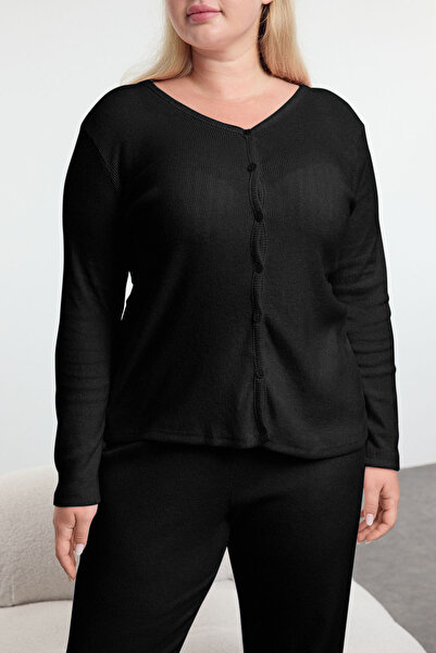 Trendyol Curve Black Brushed Soft Ribbed Cardigan Knitted Pajamas Set Tbbaw25Ai00089