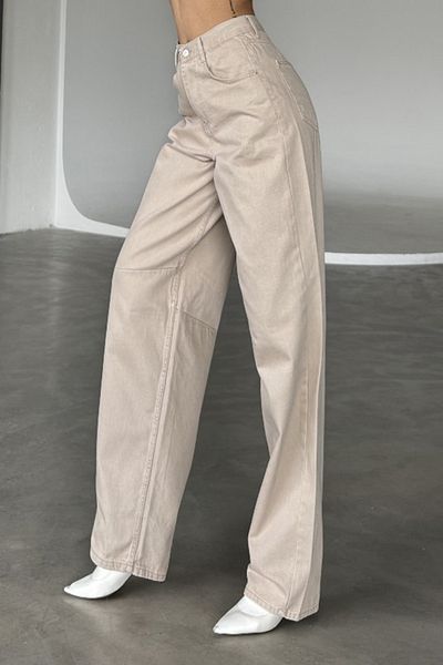Trendyol Collection Бежови прави дънки с катарама за колан с шевове с висока талия Twoss25Je00140