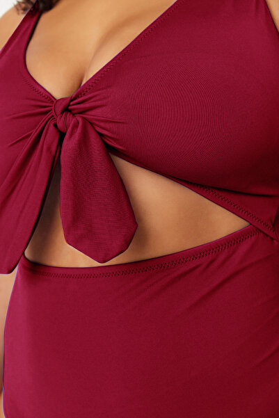 Trendyol Curve Burgundy Deep V Neck Cut-Out Tie-Up Throw Covered Plus Size Swimsuit Tbbss22Ma0302