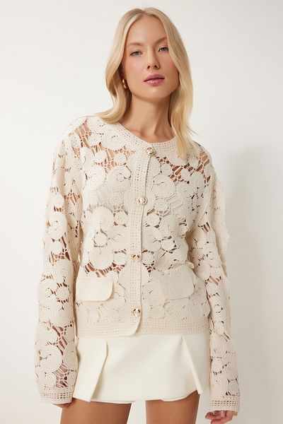 Happiness İstanbul Cremefarbene Damen-Strickjacke mit Blumendruck und Laciness – ES00175
