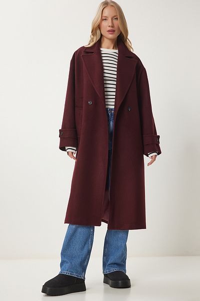 Happiness İstanbul Women's Burgundy Double Breasted Lapel Cashew Coat Dp00232