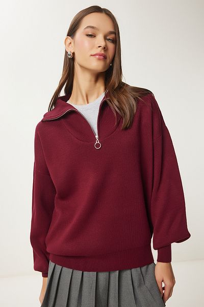 Happiness İstanbul Burgunderfarbener Basic-Strickpullover mit Reißverschlusskragen für Damen PF00007