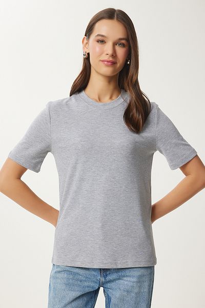 Happiness İstanbul Women's Gray Melange Cotton Basic Knitted T-Shirt Ag00001
