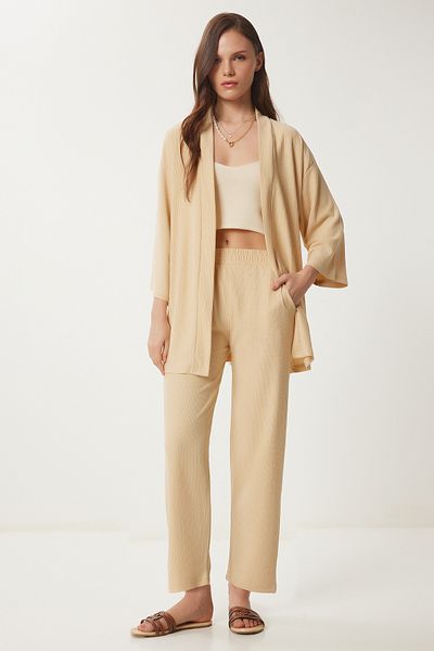 Happiness İstanbul Cremefarbenes Strickset mit Kimonohose für Damen BY00050