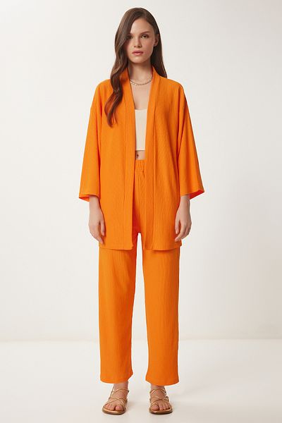 Happiness İstanbul Orangefarbenes Damen-Kimono-Hosen-Strickset BY00050