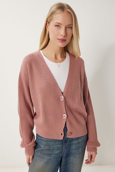 Happiness İstanbul Damen-Strickjacke Dusty Rose mit V-Ausschnitt und Knöpfen MX00175
