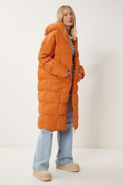 Happiness İstanbul Orangefarbener, übergroßer Puffermantel mit Kapuze für Damen, lang, NT00428