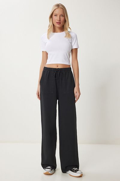 Happiness İstanbul Schwarze Denim-Palazzo-Hose mit weitem Bein und blassem Effekt für Damen MX00179