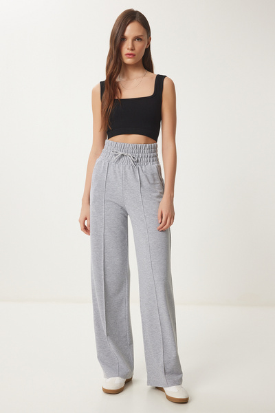 Happiness İstanbul Graue Basic-Strick-Jogginghose mit Taschen für Damen XR00018