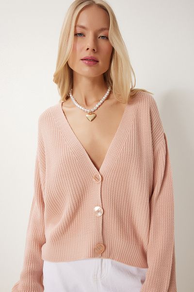Happiness İstanbul Women's Powder V-Neck Buttoned Knitwear Cardigan Mx00175