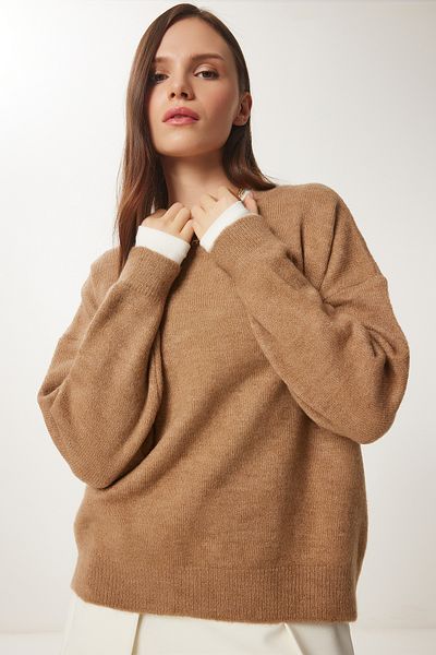 Happiness İstanbul Дамски бисквитен суитшърт с кръгло деколте Oversize трико BV00085