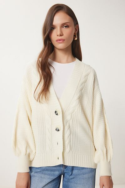 Happiness İstanbul Ecrufarbene, geflochtene, lockere Strickjacke mit Ballonärmeln für Damen MX00176