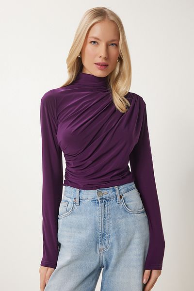 Happiness İstanbul Pflaumenfarbene, geraffte, detaillierte Sandy-Bluse mit hohem Kragen für Damen FF00135
