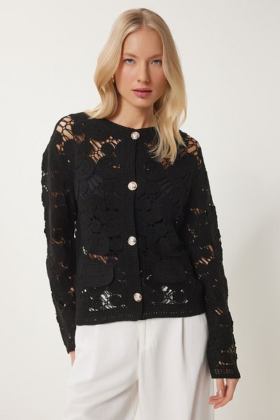 Happiness İstanbul Schwarze saisonale Strickjacke mit Blumenmuster für Damen ES00175