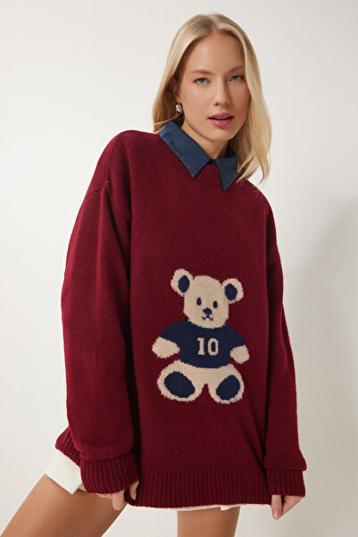 Happiness İstanbul Weicher Strickpullover mit Teddybär-Textur für Damen in Burgunderrot MX00177
