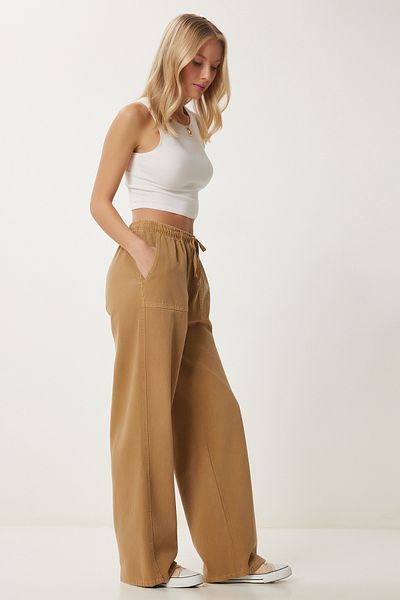 Happiness İstanbul Damen-Jeans-Palazzo-Hose mit weitem Bein und hellbraunem Effekt MX00179