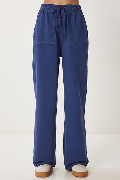 Happiness İstanbul Kobaltblaue Denim-Palazzo-Hose mit weitem Bein – Fadeneffekt MX00179