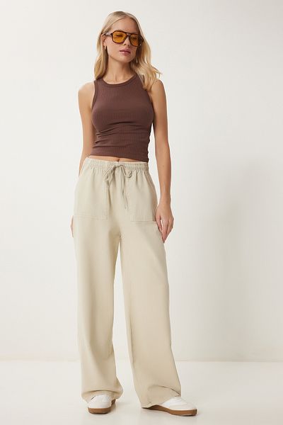 Happiness İstanbul Cremefarbene Denim-Palazzo-Hose mit weitem Bein und blassem Effekt – MX00179