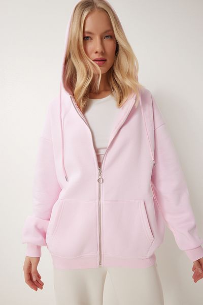 Happiness İstanbul Női Candy Pink kapucnis cipzáras oversize pulóver UB00124