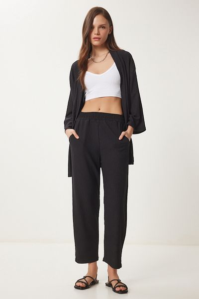 Happiness İstanbul Schwarzes Strickset mit Kimonohose für Damen BY00050