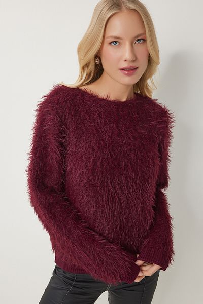 Happiness İstanbul Damen-Strickpullover mit weichem Bart in Burgunderrot MX00178