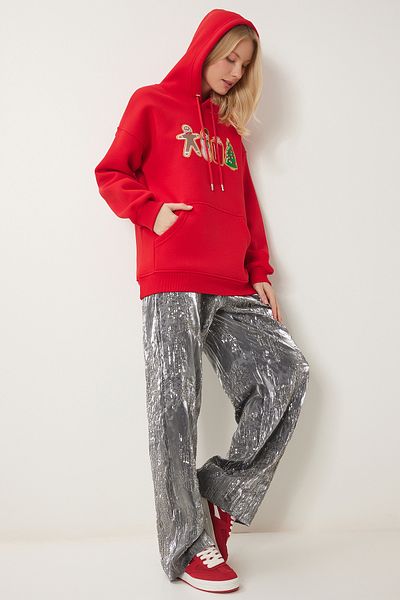 Happiness İstanbul Rotes Damen-Sweatshirt mit Kapuze und Neujahrsmotiv – TQ00001