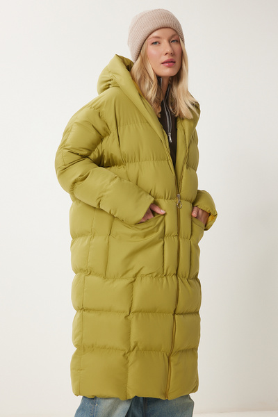 Happiness İstanbul Női olajzöld kapucnis oversize hosszú pufferkabát NT00428