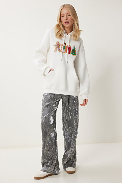 Happiness İstanbul Πλεκτό φούτερ με κουκούλα εκρού - Πρωτοχρονιάτικο θέμα TQ00001