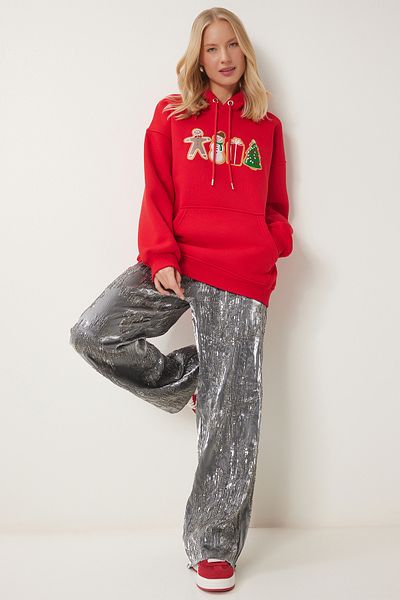Happiness İstanbul Rotes Damen-Sweatshirt mit Kapuze und Neujahrsmotiv – TQ00001