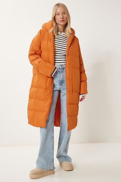 Happiness İstanbul Orangefarbener, übergroßer Puffermantel mit Kapuze für Damen, lang, NT00428