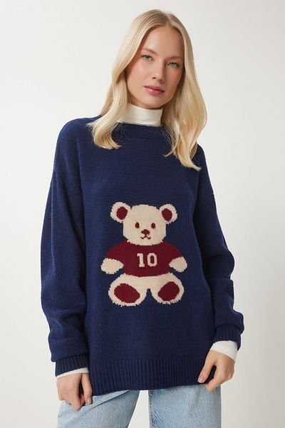 Happiness İstanbul Women's Navy Blue Teddy Bear Textured Soft Knitwear Sweater Mx00177