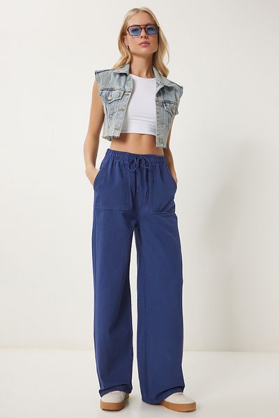 Happiness İstanbul Kobaltblaue Denim-Palazzo-Hose mit weitem Bein – Fadeneffekt MX00179