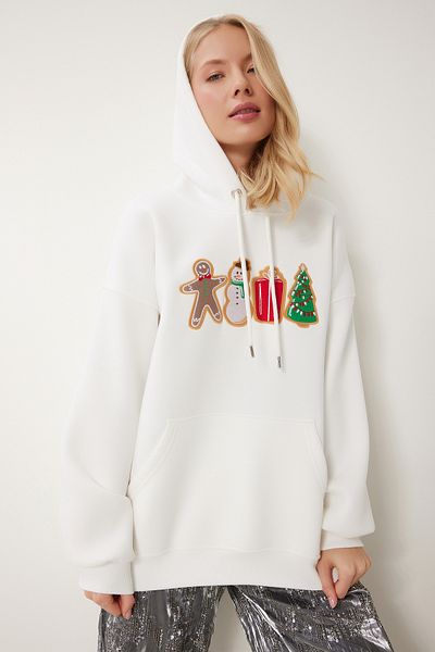 Happiness İstanbul Ecrufarbenes Strick-Sweatshirt mit Kapuze – Neujahrs-Thema TQ00001