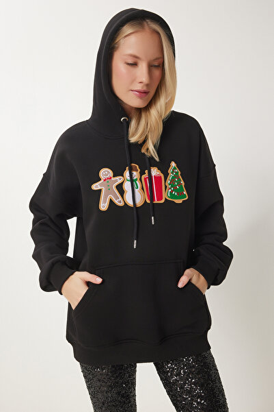 Happiness İstanbul Μαύρο γυναικείο φούτερ με κουκούλα με θέμα την Πρωτοχρονιά - TQ00001