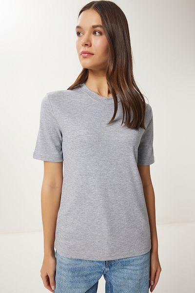 Happiness İstanbul Women's Gray Melange Cotton Basic Knitted T-Shirt Ag00001