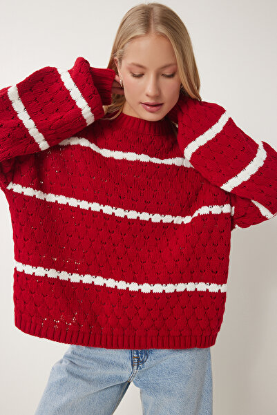 Happiness İstanbul Kadın Kırmızı Balon Kollu Çizgili Triko Kazak Hİ00003