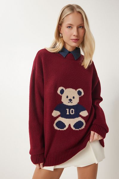 Happiness İstanbul Weicher Strickpullover mit Teddybär-Textur für Damen in Burgunderrot MX00177